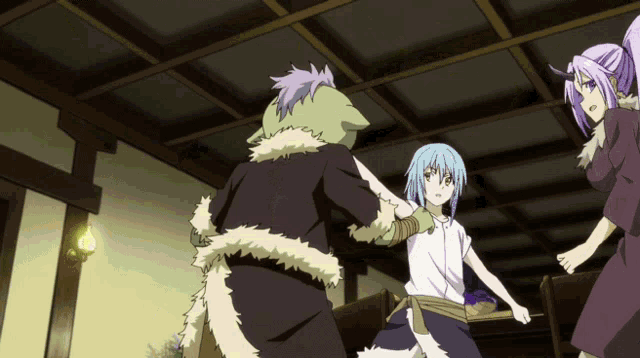 a group of anime characters standing in a room