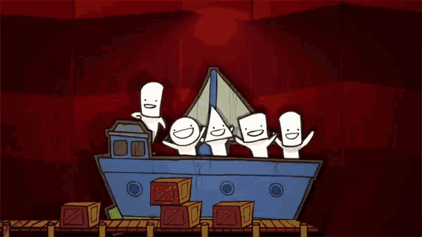 a group of cartoon characters are standing in front of a ship