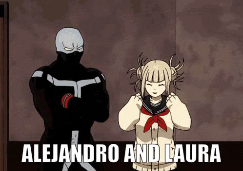 a cartoon of a superhero and a girl with the words alejandro and laura below them