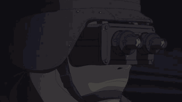 a cartoon character wearing a helmet and goggles with two lenses