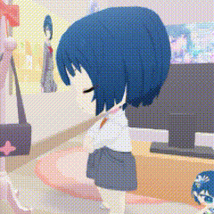 a cartoon girl with blue hair is standing in front of a computer monitor