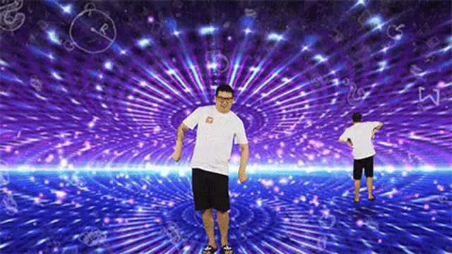 a man in a white t-shirt is dancing in front of a purple background