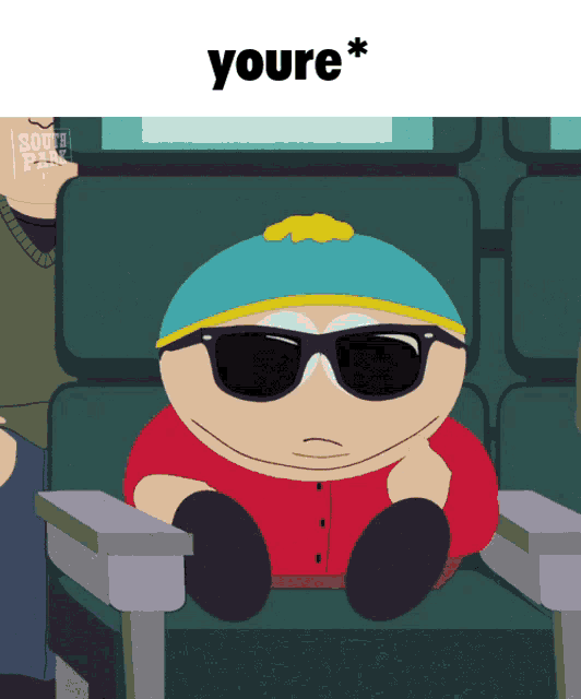 a cartoon character wearing sunglasses is sitting in a chair with the words " youre " below him