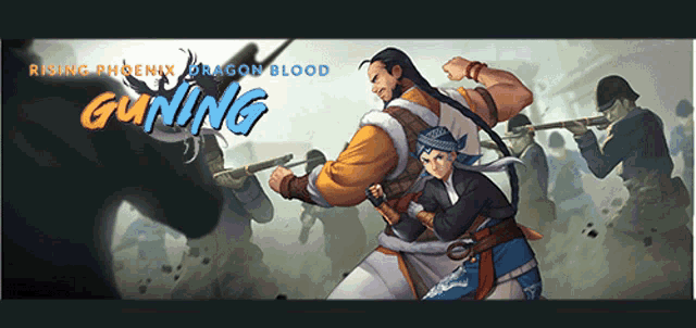 a poster for rising phoenix dragon blood gunning showing a man and a woman