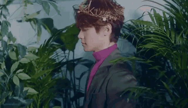 a young man wearing a tiara and a purple turtleneck is standing in a lush green forest .