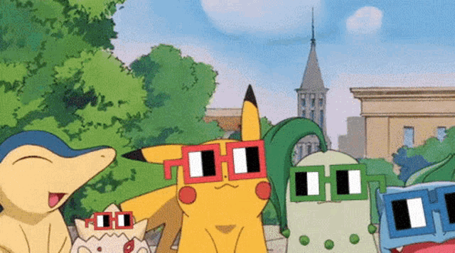 a group of pokemon wearing sunglasses standing next to each other .