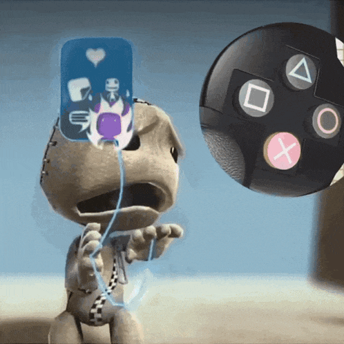 a cartoon character is playing a video game on a playstation