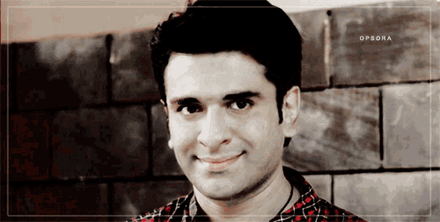 a man in a plaid shirt is smiling in front of a brick wall with opsora written on it