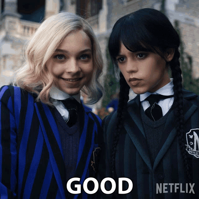 two girls in school uniforms are standing next to each other with the words good netflix on the bottom