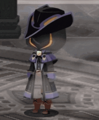 a cartoon character wearing a black hat and a purple coat is standing on a pedestal .