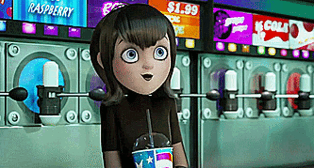a cartoon character is standing in front of a soda machine that says raspberry on it