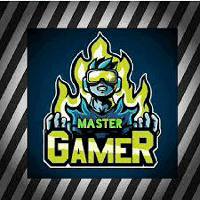 a logo for a master gamer with a man wearing virtual reality goggles .