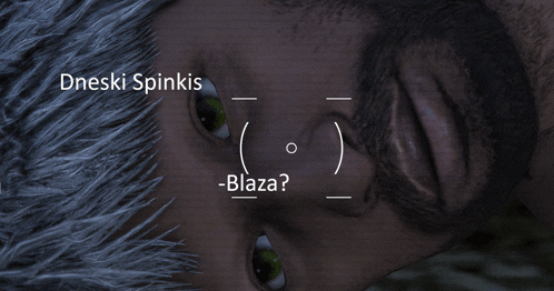 a close up of a person 's face with dneski spinkis written on the top