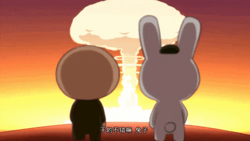 two cartoon characters are standing in front of a nuclear explosion