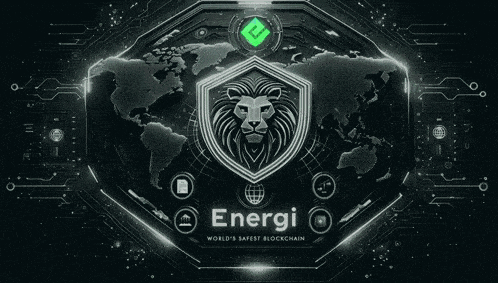 a lion on a shield with the words energi world 's safest blockchain below it