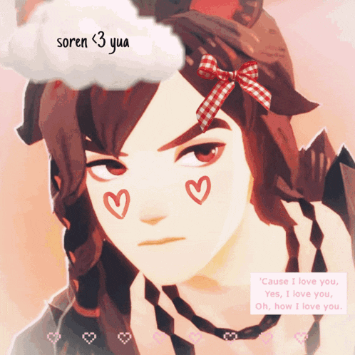 a drawing of a girl with hearts on her face and the words soren 3 yua above her head