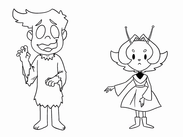 a black and white drawing of a boy and a girl with antennas
