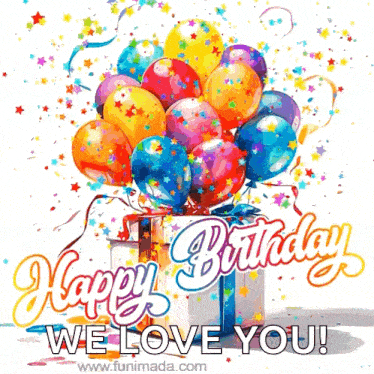 a happy birthday greeting card with balloons and a gift box