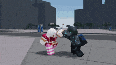 a person in a video game with a sign that says vee behind them