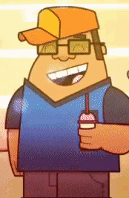 a cartoon man wearing sunglasses and a hat is holding a cup of milkshake .