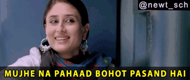 a picture of a woman with the words mujh na pahaad bohot pasand hai