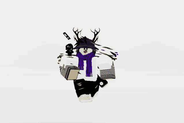a cartoon character with antlers and a purple scarf on