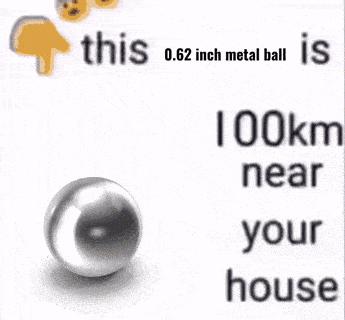 a 0.62 inch metal ball is sitting on a white surface next to a sign that says 41 km near you