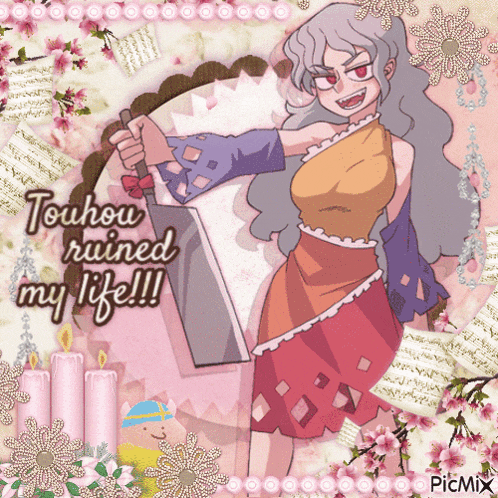 a picture of a girl with the words touhou ruined my life written on it