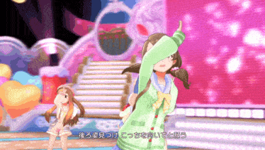 a girl in a green sweater is dancing in front of a pink wall