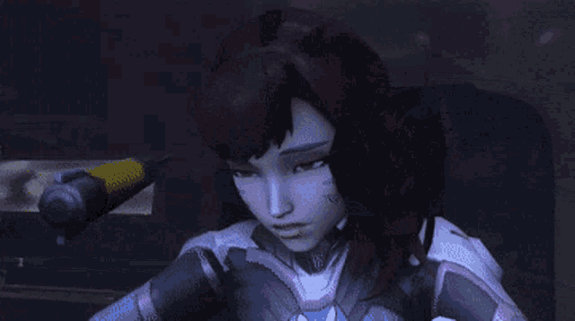 a close up of a cartoon character 's face with a yellow object on her head