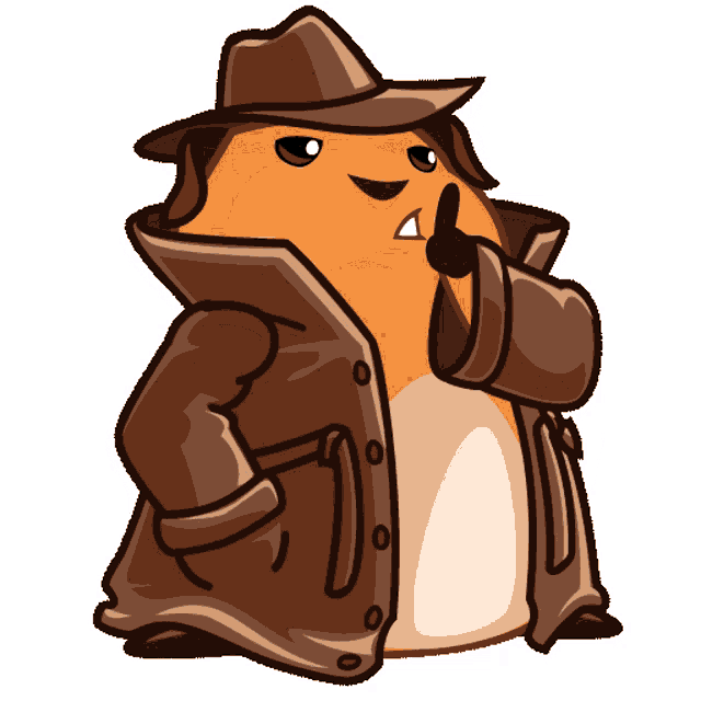 a cartoon hamster wearing a hat and trench coat