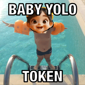 a picture of a child in a swimming pool with a caption that says baby yolo token