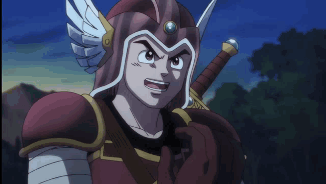 a cartoon character wearing a helmet with wings and a sword
