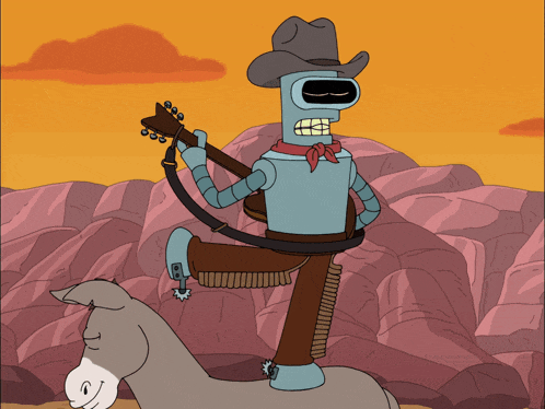 a cartoon of a robot wearing a cowboy hat holding a guitar