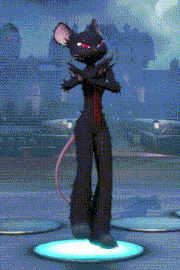 a black rat with red eyes is standing on a platform