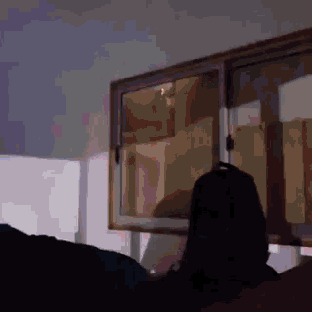 a person sitting in front of a window with a shadow on the wall