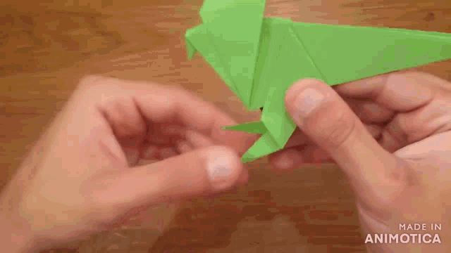 a person is making a green origami bird with the words made in animatica in the lower right corner