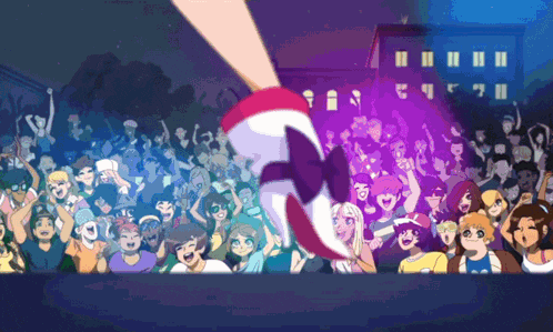 a cartoon drawing of a crowd of people with a purple background
