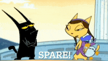 a black cat and a yellow cat are standing next to each other and the word spare is on the bottom of the screen .