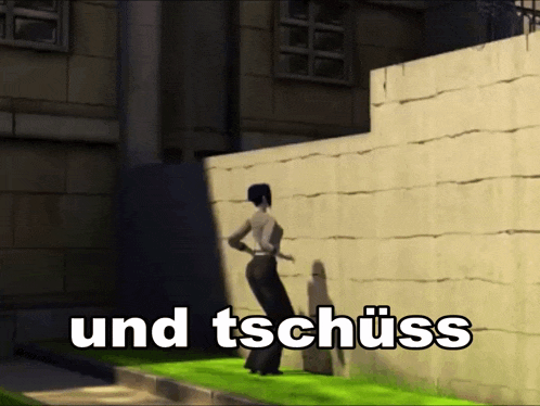 a computer generated image of a woman standing next to a wall with the words und tschuss written below her