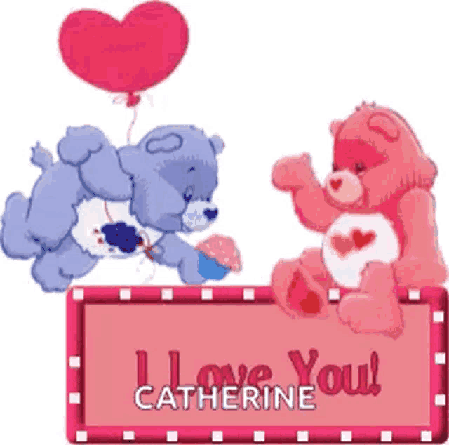 a care bear holding a heart shaped balloon and another bear holding a sign that says i love you