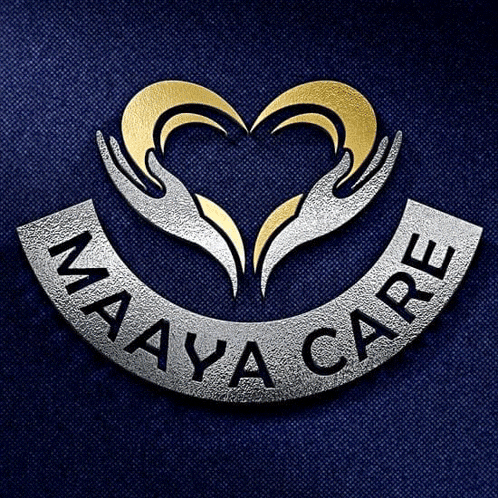 a silver and gold logo for maaaya care with a heart in the middle