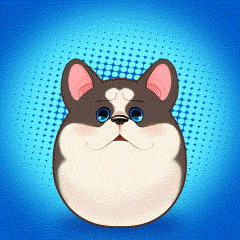 a cartoon drawing of a dog with big blue eyes