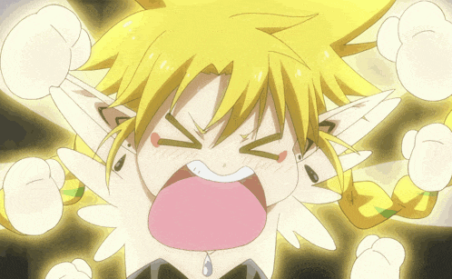 a cartoon character with yellow hair and white ears is making an angry face