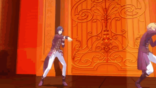 a couple of anime characters are dancing in front of an orange door .