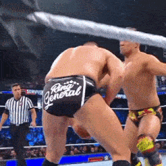 two men are wrestling in a ring and one of them is wearing shorts that say `` rina general ''