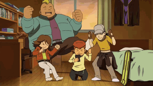 a group of cartoon characters in a room with a skateboard on the floor