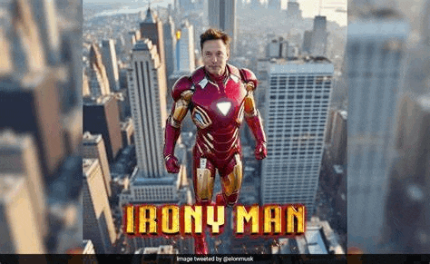 elon musk is dressed as iron man and is standing on top of a city .