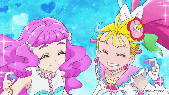 two anime girls with pink hair are smiling and holding flowers