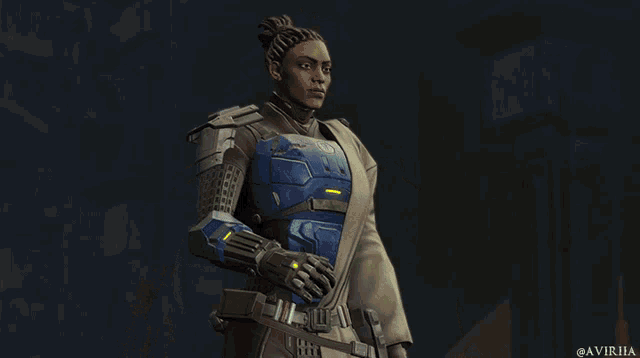 a video game character is holding a green light saber and has the hashtag @avirhia at the bottom